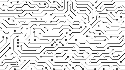 Computer motherboard seamless pattern, circuit board background. Vector intricate circuitry motif with soldered connections and electronic components, creating dynamic and interconnected tile design - obrazy, fototapety, plakaty