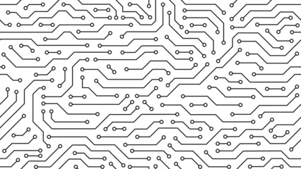Foto auf Glas Computer motherboard seamless pattern, circuit board background. Vector intricate circuitry motif with soldered connections and electronic components, creating dynamic and interconnected tile design © Vector Tradition