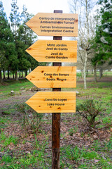vertical signs on pine wood board of direction in Lagoa das Furnas de São Miguel-Açores-Portugal.2-2-2024