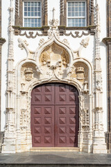Fototapeta na wymiar detail of door on the front facade of the main church of São Sebastião. Ponta Delgada