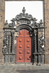 detail of door on the front facade of the main church of São Sebastião. Ponta Delgada