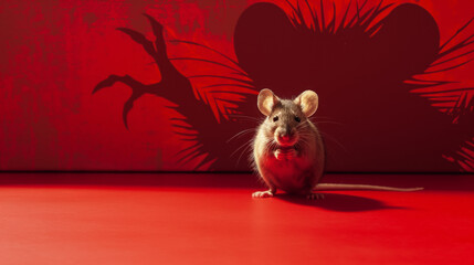 House Rat Or Mouse With Scary Shadow On The Wall.