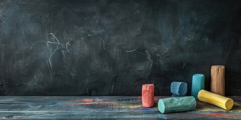 In the foreground, a chalkboard with writing on it, while another blank chalkboard is visible in the background.