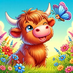 Cute and funny cartoon animal illustration , happy with flowers and butterfly 