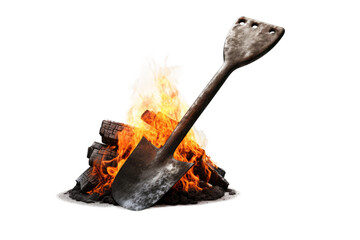 Hammer Embedded in Burning Woodpile. A hammer is stuck in a pile of wood logs engulfed in flames, creating a dangerous and hazardous situation. Isolated on a Transparent Background PNG.