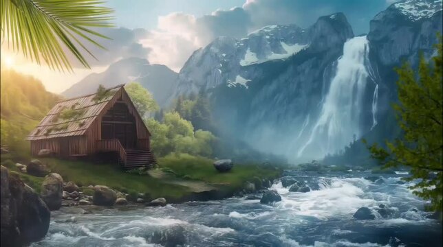 Wooden hut in the edge of river with waterfall in the mountains. Seamless looping time-lapse 4k video animation background