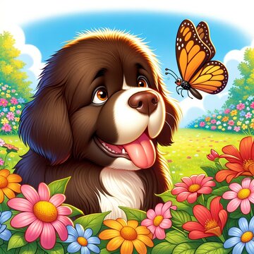 Cute and funny cartoon dog illustration , happy dog with flowers and butterfly 