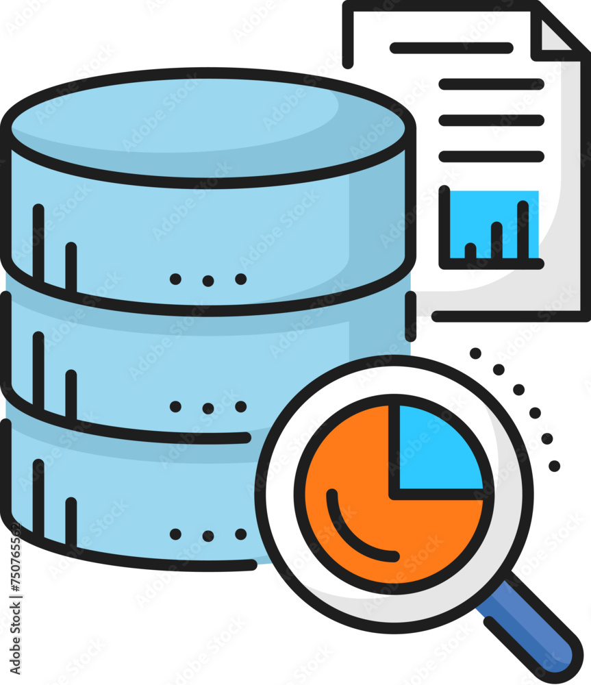 Poster Database search color icon for cloud storage on network server, vector line symbol. Internet data and computer files storage on web cloud for secure search and network server access, outline pictogram