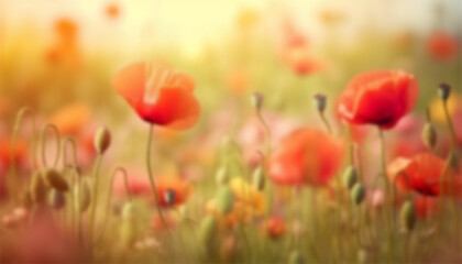 Poppy field at sunset in the spring. Red poppies in sunset light. Summer nature concept. Concept: nature, spring, biology, fauna, environment, ecosystem. Red beauty landscape