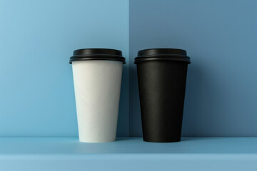 Two disposable coffee cups on blue background minimalist black and white 3D ing concept image