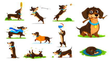 Cartoon dachshund dog puppy characters activities and fun. Vector doggy personage playing outdoors with a ball, branch and flying plate, catching bone and chase butterflies, wearing clothes or sleep