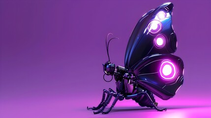 Robot Butterfly with Glowing Eyes on Purple Background