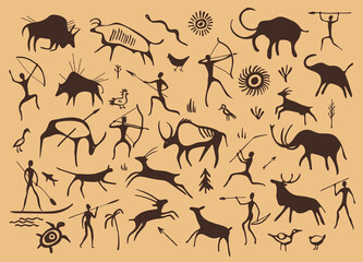 Cave painting, ancient prehistoric stone drawing. Primitive caveman sketches, prehistoric symbols of hunters, animals, plants and ornaments on rock wall. Vector petroglyph prehistoric illustrations