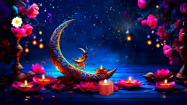 Ramadan kareem video background ramadan kareem moon with  blue sky and star with flower video background 