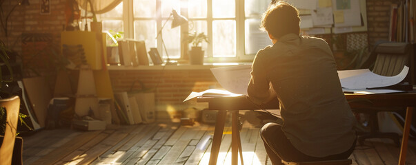 Freelancer planning a project in a sunlit studio, creativity in solitude