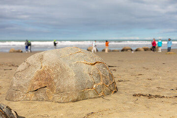 A stretch of Koekohe beach featuring the mysterious Moeraki boulders on the east coast of the South Island of New Zealand. The large boulders, on the Otago coast, are unusually spherical.