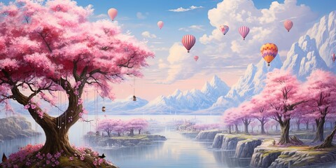 Fantasy landscape with cherry blossom trees and myriad balloons soaring into a serene sky