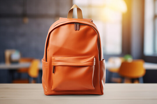 School backpack on the table in classroom. Back to school concept