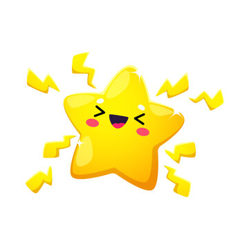 Cartoon excited kawaii star character or twinkle vector personage with lightnings and happy smiling face. Shining yellow superstar emoji, starry space emoticon, twinkle star with high voltage signs