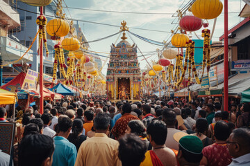 The grandeur and scale of the Thaipusam festival by capturing wide-angle shots of the procession and the surrounding crowds. - obrazy, fototapety, plakaty