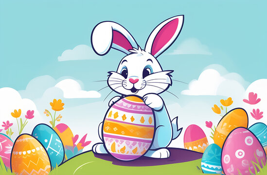Cartoon rabbit in a field of pink Easter eggs, happy and surrounded by grass