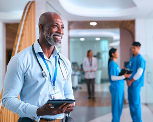 Portrait Of Mature Male Doctor With Digital Tablet In Hospital With Colleagues In Background