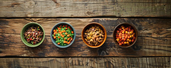 Organic pet food bowls on a rustic wooden background, healthy pet diet