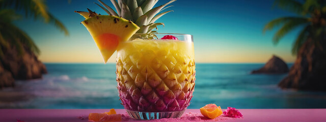 A beautiful and classic Piña Colada Cocktail at a beach bar. - obrazy, fototapety, plakaty