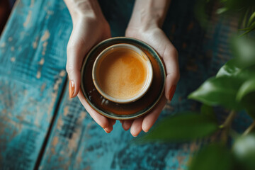 Hands holding a beautifully crafted coffee cup, showcasing intricate details and complementary colors.