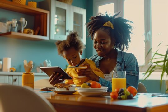 Joyful African American mother and child engaging with technology at breakfast table - nurturing, bonding moments in a modern home environment - AI generated