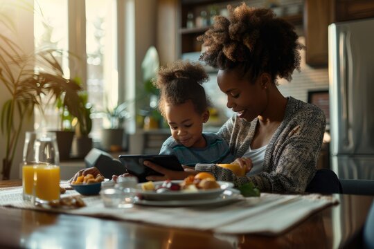 Joyful African American mother and child engaging with technology at breakfast table - nurturing, bonding moments in a modern home environment - AI generated