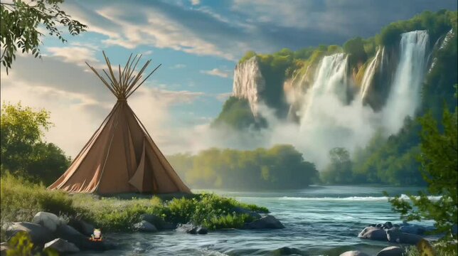 Native Indian tribal tent in the forest with waterfalls. Seamless looping time-lapse 4k video animation background