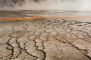 Intricate pattern of thermal area in Grand Prismatic Spring Overlook in Yellowstone