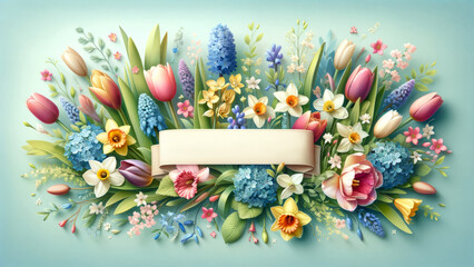 Serene Springtime Floral Banner With Variety of Blooming Flowers and Pastel Background. tranquil array of spring flowers and banner creates seasonal atmosphere.