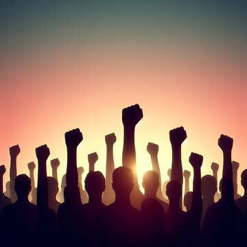 Power in Unity_ A group of multi-colored, closely-spaced silhouettes, ranging from short to tall, with raised fists facing a gradient sunset background, symbolizing collective strength