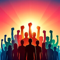Power in Unity_ A group of multi-colored, closely-spaced silhouettes, ranging from short to tall, with raised fists facing a gradient sunset background, symbolizing collective strength - obrazy, fototapety, plakaty