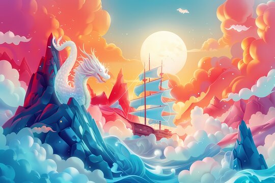 dragons and sailing ships in another world cartoon