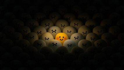 Positive happy emoji face standing out in the crowd of sad ones 3D render - 750767779