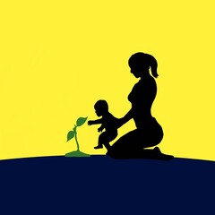 Mother With Child Planting Tree On Top Of Mountain Illustration