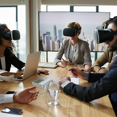 Virtual reality meeting spaces for global tech innovators, AI avatars collaborating