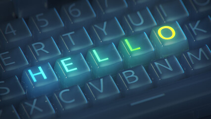 Сomputer keyboard with the word hello 3D render