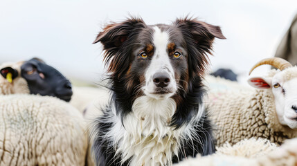 dog shepherd border collie among a flock of sheep in nature close-up