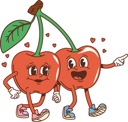Groovy retro cherry comical cartoon character. Vintage happy sweet berry sticker, 60s funny red cherry personage or groovy isolated vector character. Retro cheerful food mascot walking in sneakers