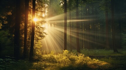 Bright Beam of Sunshine Shining ,morning forest background - obrazy, fototapety, plakaty