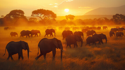 Expansive Elephant Herd on the African Plains at Sunset