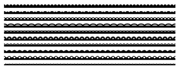 Scallop lace edge frames, borders and dividers, fabric patterns, frill ribbons vector set. Black scalloped elegant stripes with curved ornaments and delicate vintage intricacy, monochrome elements - 750768529