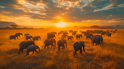 Fototapeta na wymiar Elephant Herd Walking in Savannah at Sunset