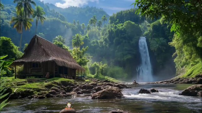 Hut with thatch roof near the river, frog on stone, mountain forest. Seamless looping time-lapse 4k video animation background