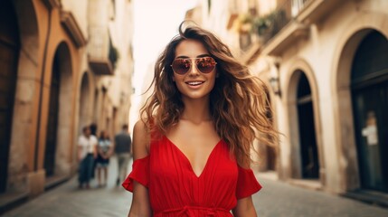 Fototapeta na wymiar Carefree girl tourist, Female tourist wearing a red dress walking happily on the road