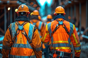 Back view of a group of construction workers wearing orange safety clothing, hard hats and harnesses walking through the middle of a construction site at the end of the day. - obrazy, fototapety, plakaty